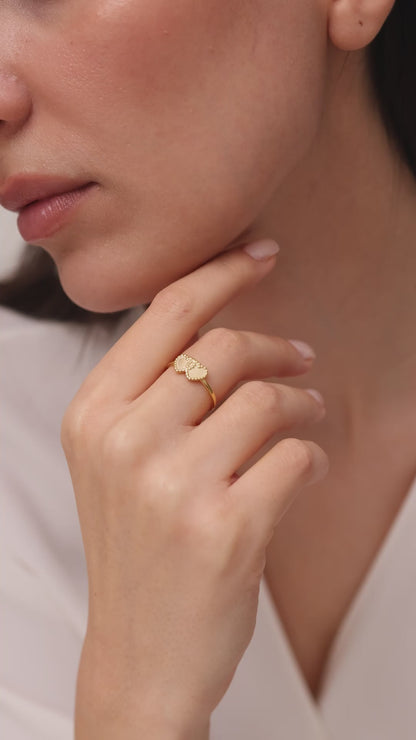 Double Heart Beaded Ring Solid Gold, Minimalist Twin Heart Stacking Band, Dainty Gold Love Ring,Solid Gold Handmade Jewelry Gift for Her