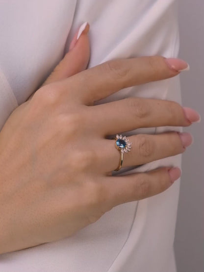 Blue Iolite Sunburst Ring – 14K Gold Halo Ring