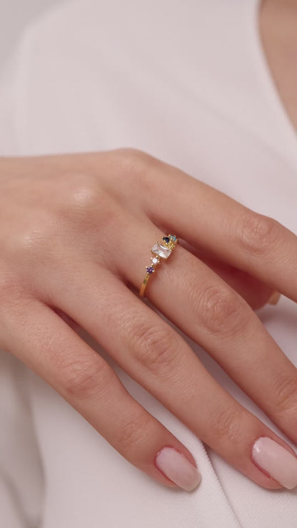 Multi Color Radiant Cut Ring, Solid Gold Radiant & Round Birthstone Ring | Dainty Minimalist Stacking Band, Unique Birthday Gift for Her
