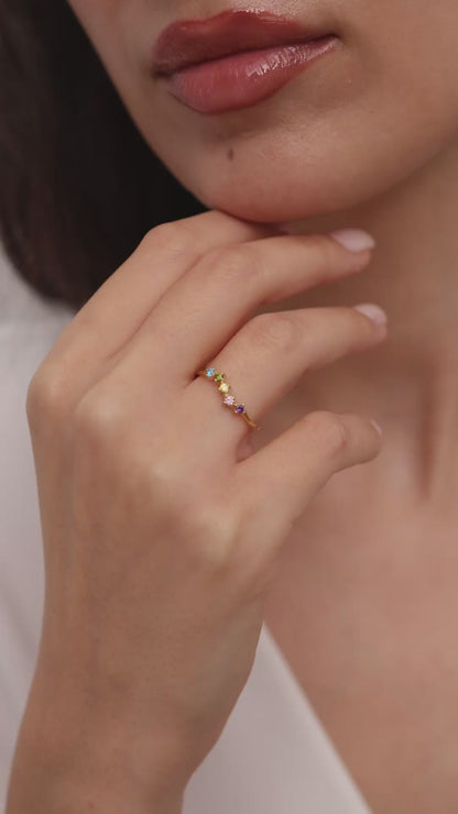 Solid Gold Rainbow Birthstone Ring | Dainty Gemstone Stacking Band