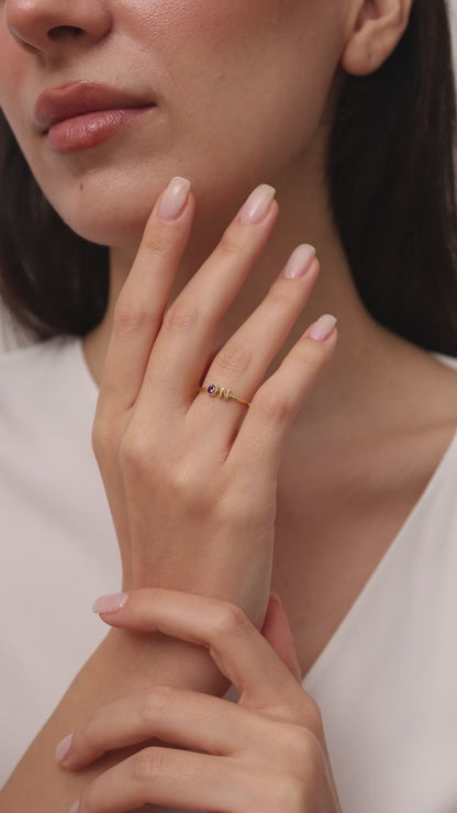 Custom Birthstone and Initial Ring: Adjustable Personalized Jewelry in Solid Gold