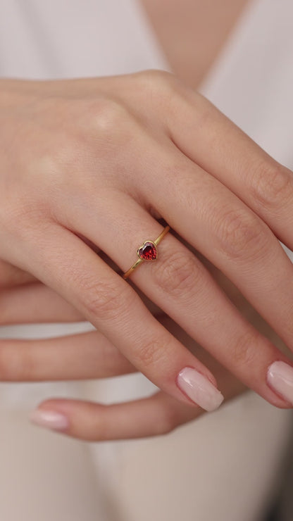 Gold Heart Ring • Red Zirconia Gemstone,Solid Gold Band